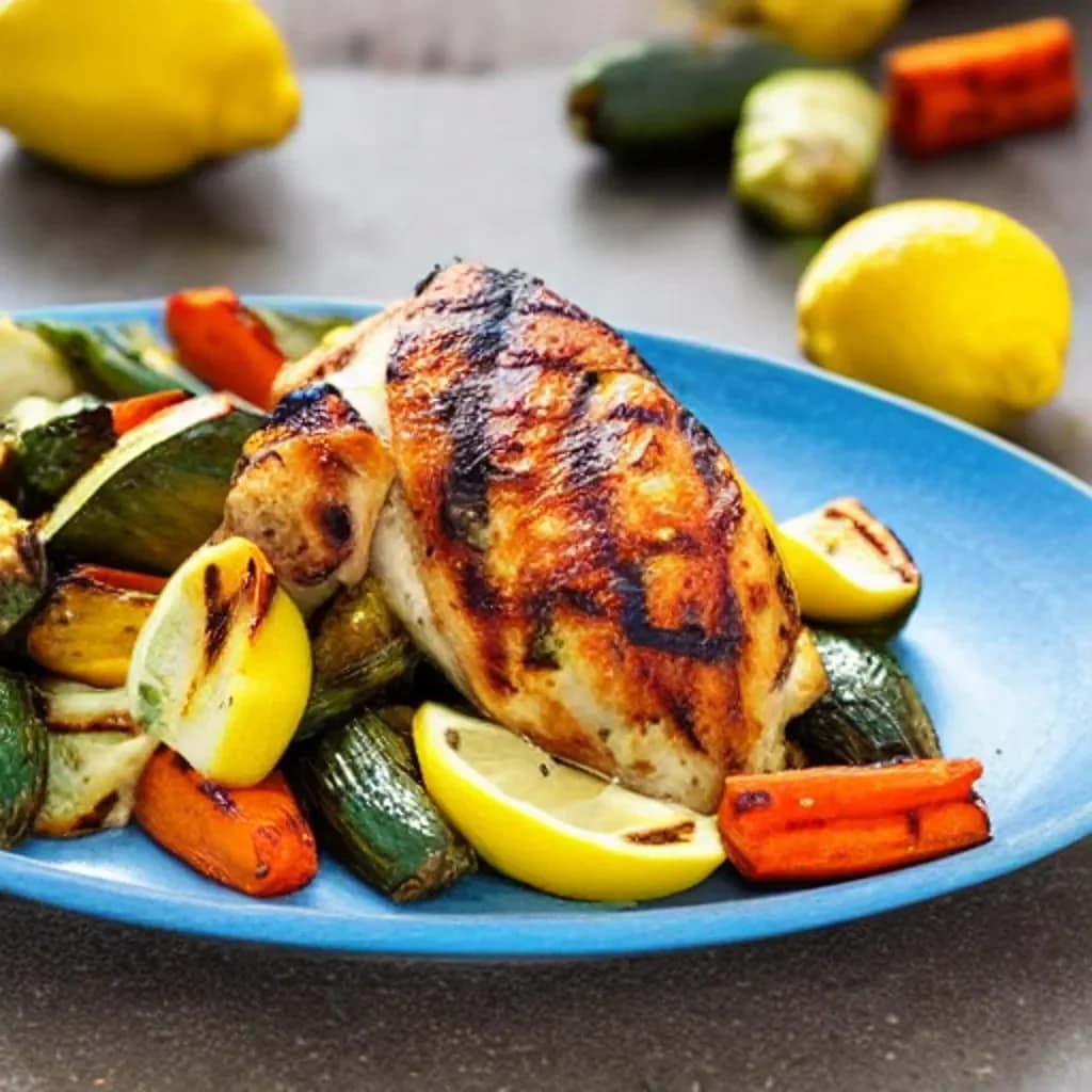 Grilled lemon herb chicken with roasted vegetables, nutritious meal